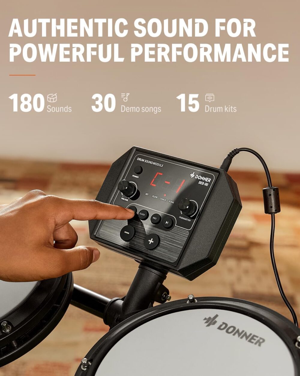 Donner DED-80 Electronic Drum Set, Electric Drum Set for Beginner with 4 Quiet Mesh Drum Pads, 2 Switch Pedal, 180+ Sounds, Throne, On-Ear Headphones, Sticks, and Melodics Lessons Included. - Image 5