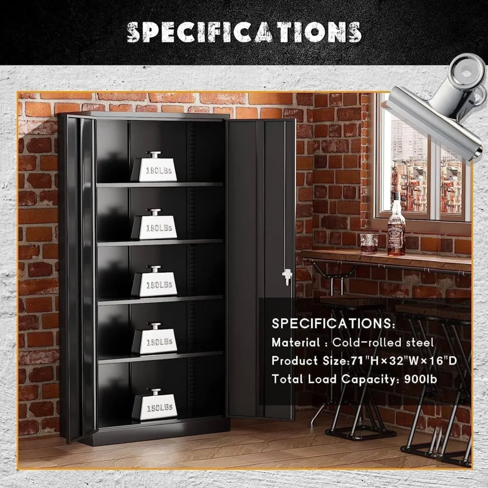 71 inch Metal Garage Storage Cabinet with Locking Doors and Adjustable Shelves - Grey White - Image 9