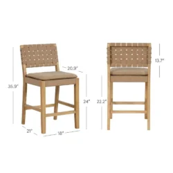 Cohen 24 in. Natural Brown Wood Mid-Century Faux Leather Counter Height Bar Stool with Woven Back for Kitchen Set of 4 - Image 7