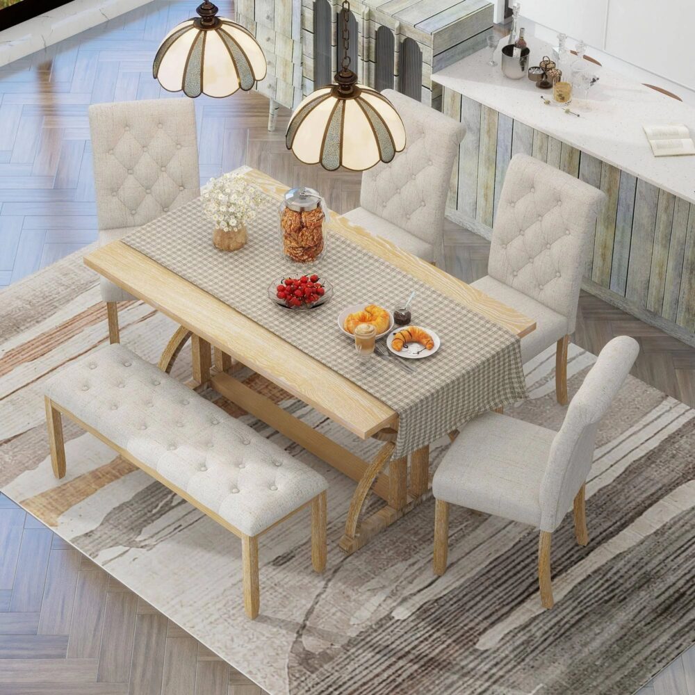 Merax 6 Pieces Wood Dining Table Set with Bench, Retro Rectangular Table with Unique Legs and 4 Upholstered Chairs & 1 Bench for Dining Room and Kitch - Image 8