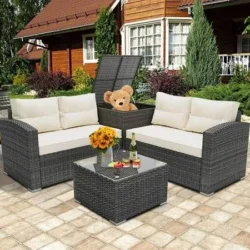 Segmart 4 Piece Patio Furniture Set, All-Weather Outdoor Sectional Sofa Set, PE Rattan Conversation Set with Storage Box, Table & Cushions, Wicker