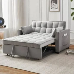 Dealtops Convertible Sofa Couch 3-in-1 Multi-functional Velvet Pull-Out Bed, 55'' Loveseat Chaise Lounge with Adjustable Backrest and Pillows, Gray
