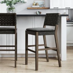 Cohen 24 in. Natural Brown Wood Mid-Century Faux Leather Counter Height Bar Stool with Woven Back for Kitchen Set of 4 - Image 9