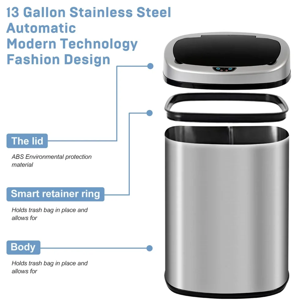 Bigacc 13 Gallon 50 Liter Kitchen Trash Can with Touch-Free & Motion Sensor, Automatic Stainless-Steel Garbage Can, Anti-Fingerprint Mute Designed Trash Bin Brushed Stainless Steel - Image 12