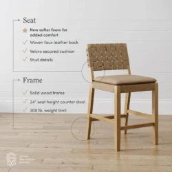 Cohen 24 in. Natural Brown Wood Mid-Century Faux Leather Counter Height Bar Stool with Woven Back for Kitchen Set of 4 - Image 8