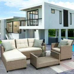 Segmart Patio Rattan Sectional Couch Set, 4 Piece Outdoor Wicker Furniture Set, Elegant Cushioned Sofa Set, Conversation Chair Set with Table &