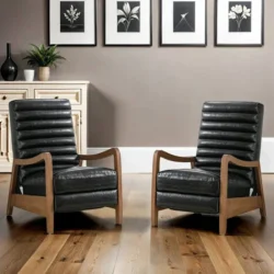 Ilaan 26" Genuine Leather Recliner with Parawood Base Easy Push Back (Set of 2) Red Barrel Studio Body Fabric: Black - Image 6