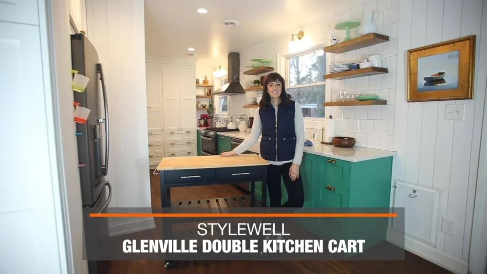 StyleWell Glenville Black Rolling Kitchen Cart with Butcher Block Top, Double-Drawer Storage, and Open Shelves (36" W) - Image 2