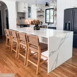 Cohen 24 in. Natural Brown Wood Mid-Century Faux Leather Counter Height Bar Stool with Woven Back for Kitchen Set of 4 - Image 6