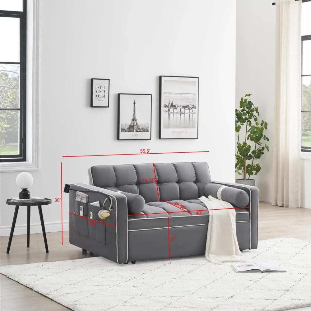 3 in 1 Sleeper Sofa Couch Bed,Small Tufted Velvet Convertible Loveseat Futon Sofa w/Pullout Bed,Adjustable Backrest,Cylinder Pillows,Multi-Pockets,Phone Holder for Living Room Apartment,Grey,55.5" - Image 3