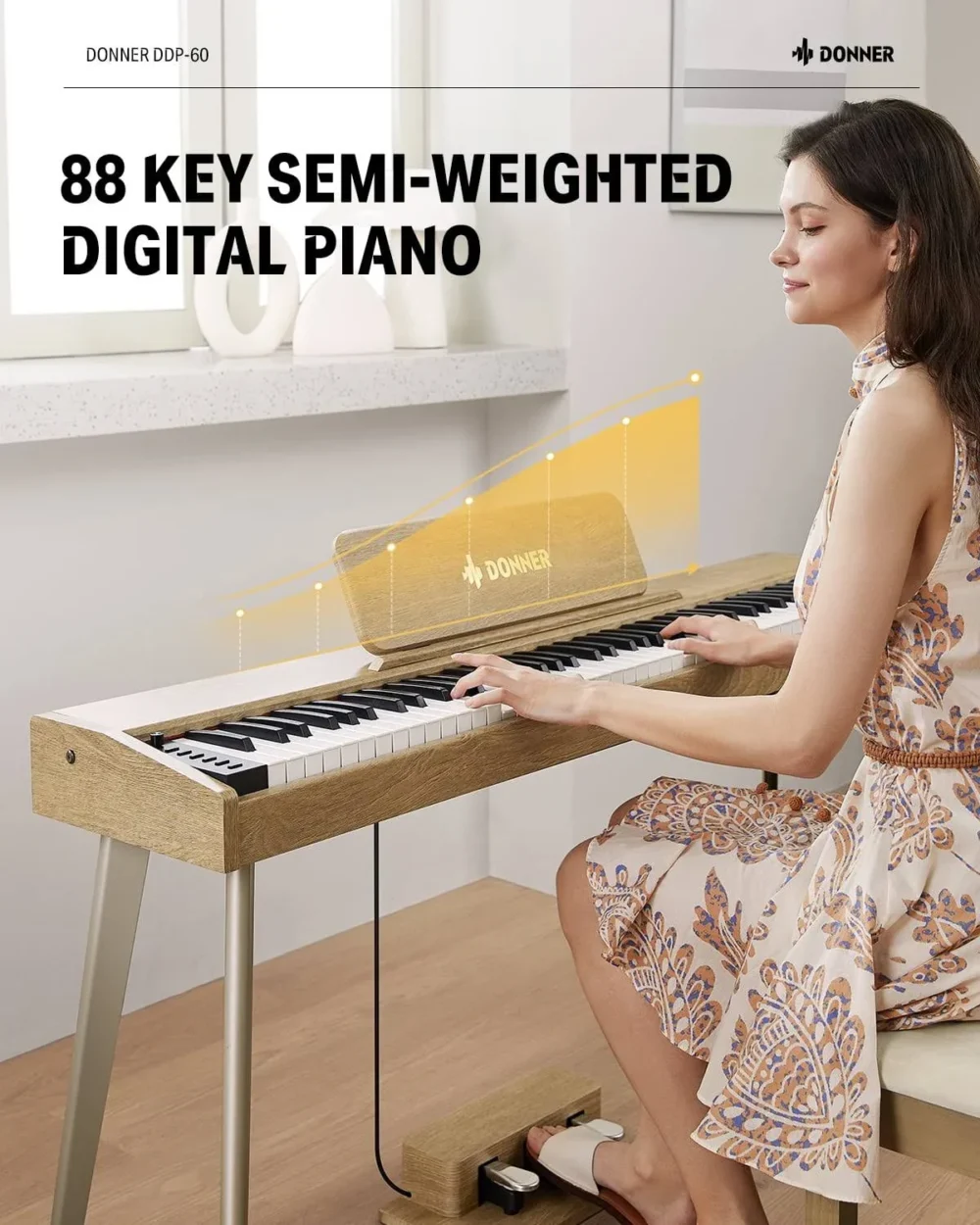 Donner DDP-60 88 Key Digital Piano Electric Keyboard with Speakers, 128 Voices, 83 Rhythms, 4 Reverb Effects, Light Wood, Size: 8 in, Black - Image 14