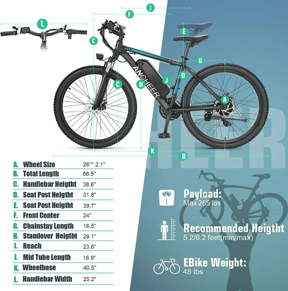 ANCHEER Gladiator 500W 26" Electric Bike for Adults, Electric Mountain Bike with 2.1 Inch eMTB Tire, 48V 10.4Ah Battery, 3H Fast Charge, Shimano 21 Speed, Adults Electric Bicycle - Image 3