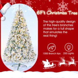 iFanze 6ft Pre-Lit Snow Flocked Christmas Tree with 1000 Tips 250 Warm Lights, Hinged Artificial Holiday Xmas Pine Tree - Image 4