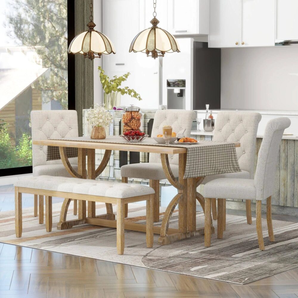 Merax 6 Pieces Wood Dining Table Set with Bench, Retro Rectangular Table with Unique Legs and 4 Upholstered Chairs & 1 Bench for Dining Room and Kitch