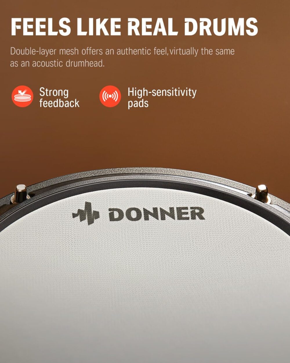 Donner DED-80 Electronic Drum Set, Electric Drum Set for Beginner with 4 Quiet Mesh Drum Pads, 2 Switch Pedal, 180+ Sounds, Throne, On-Ear Headphones, Sticks, and Melodics Lessons Included. - Image 7