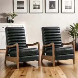 Ilaan 26" Genuine Leather Recliner with Parawood Base Easy Push Back (Set of 2) Red Barrel Studio Body Fabric: Black - Image 2