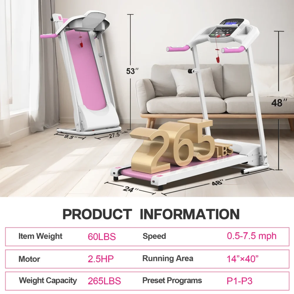 FYC Foldable Treadmills for Home, 2.5 HP, 7.5 MPH, Electric Running Treadmill Quiet Brushless Proform Treadmill for Home Gym, Running Machine with Heart Rate Sensor with LED Display (Pink) - Image 7