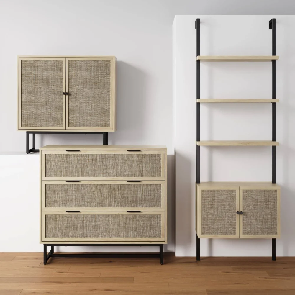 Set of 3 Wood & Rattan Storage Cabinets Oak - Image 13