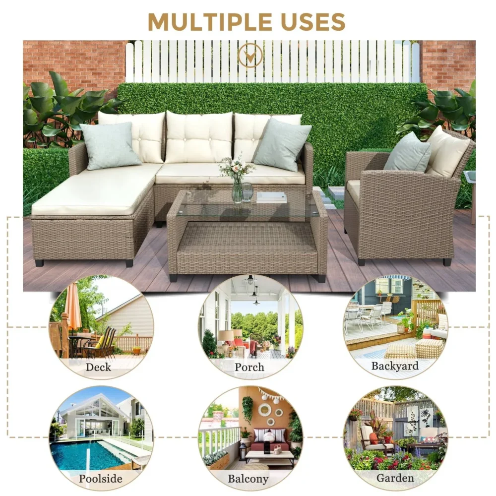 Segmart Patio Rattan Sectional Couch Set, 4 Piece Outdoor Wicker Furniture Set, Elegant Cushioned Sofa Set, Conversation Chair Set with Table & - Image 8