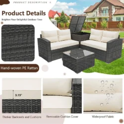 Segmart 4 Piece Patio Furniture Set, All-Weather Outdoor Sectional Sofa Set, PE Rattan Conversation Set with Storage Box, Table & Cushions, Wicker - Image 8