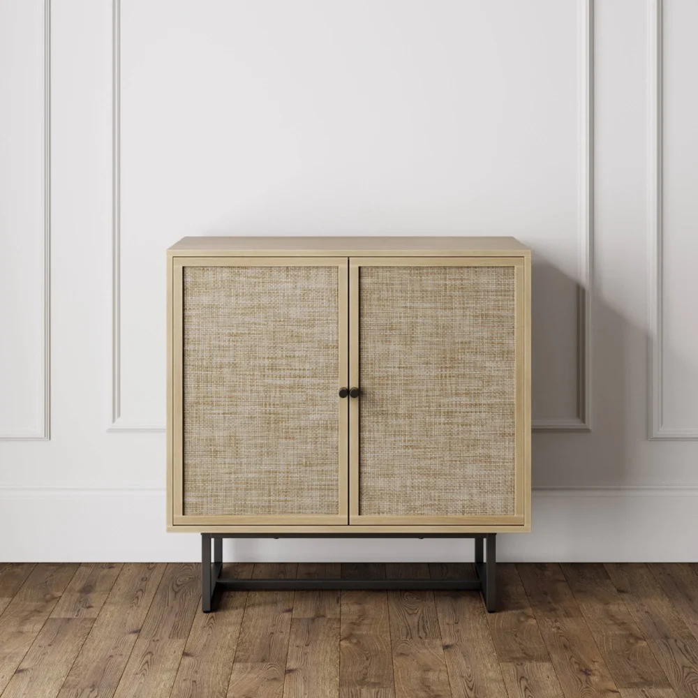 Nathan James Kova Cane Rattan Doors Accent Cabinet with Black Metal Base and Adjustable Shelf - Image 4