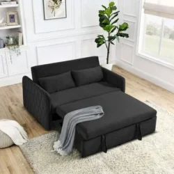 Dealtops 55 inch Modern Pull Out Loveseat Sofa Bed with 2 Detachable Arm Pockets, Black