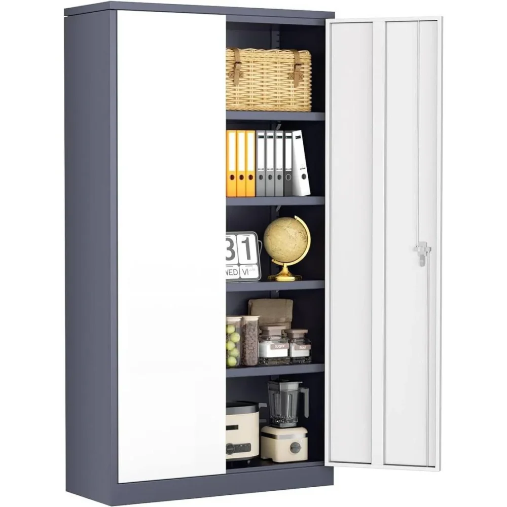 71 inch Metal Garage Storage Cabinet with Locking Doors and Adjustable Shelves - Grey White - Image 4