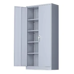 71 inch Metal Garage Storage Cabinet with Locking Doors and Adjustable Shelves - Grey White - Image 8