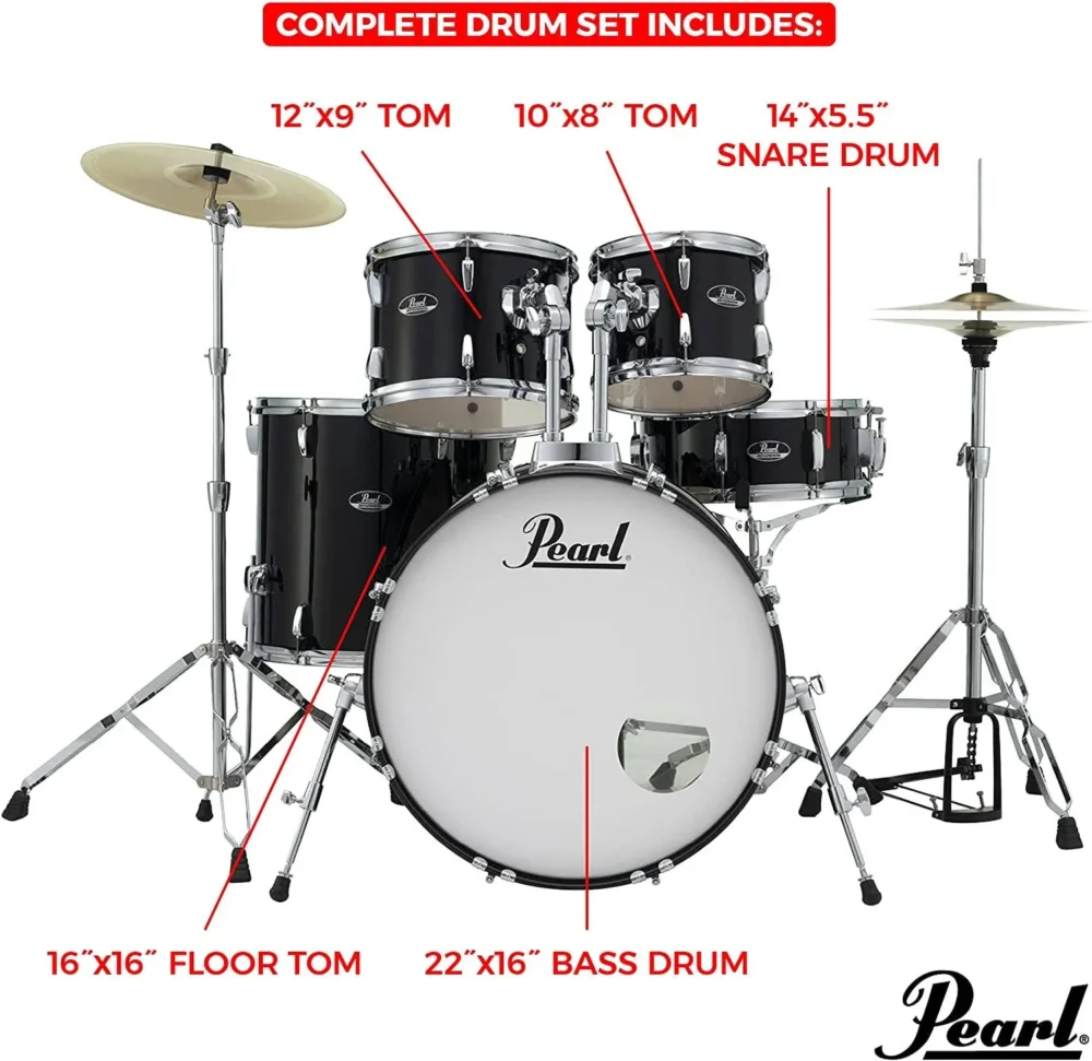 Pearl Roadshow RS525S 5-Piece Drumset with Hardware & Cymbals, Jet Black - Image 4