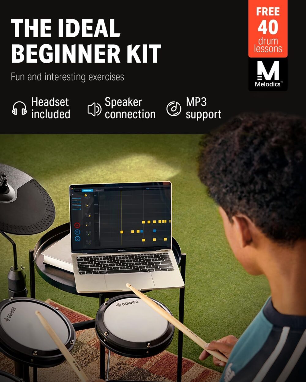 Donner DED-80 Electronic Drum Set, Electric Drum Set for Beginner with 4 Quiet Mesh Drum Pads, 2 Switch Pedal, 180+ Sounds, Throne, On-Ear Headphones, Sticks, and Melodics Lessons Included. - Image 2