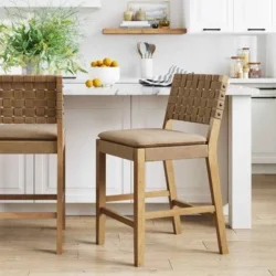 Cohen 24 in. Natural Brown Wood Mid-Century Faux Leather Counter Height Bar Stool with Woven Back for Kitchen Set of 4 - Image 5