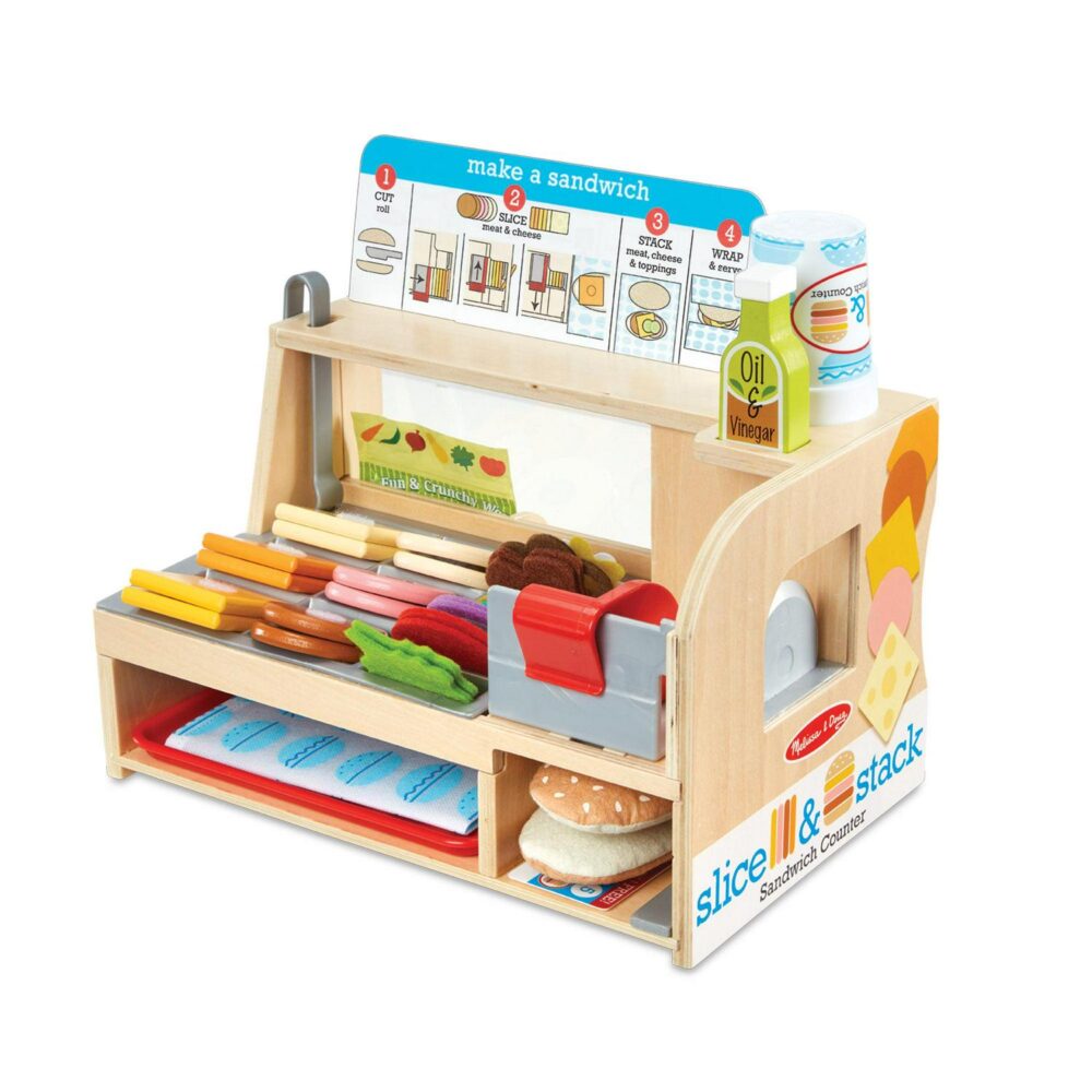 and Doug Wooden Slice and Stack Sandwich Counter with Deli Slicer a 56-Piece Pretend Play Food Pieces