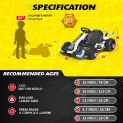 24V Kids Go Kart 300W Powerful Electric Pedal Go Kart, with Drift/Sports Mode, EVA Tires, Brake Pedal, White - Image 3