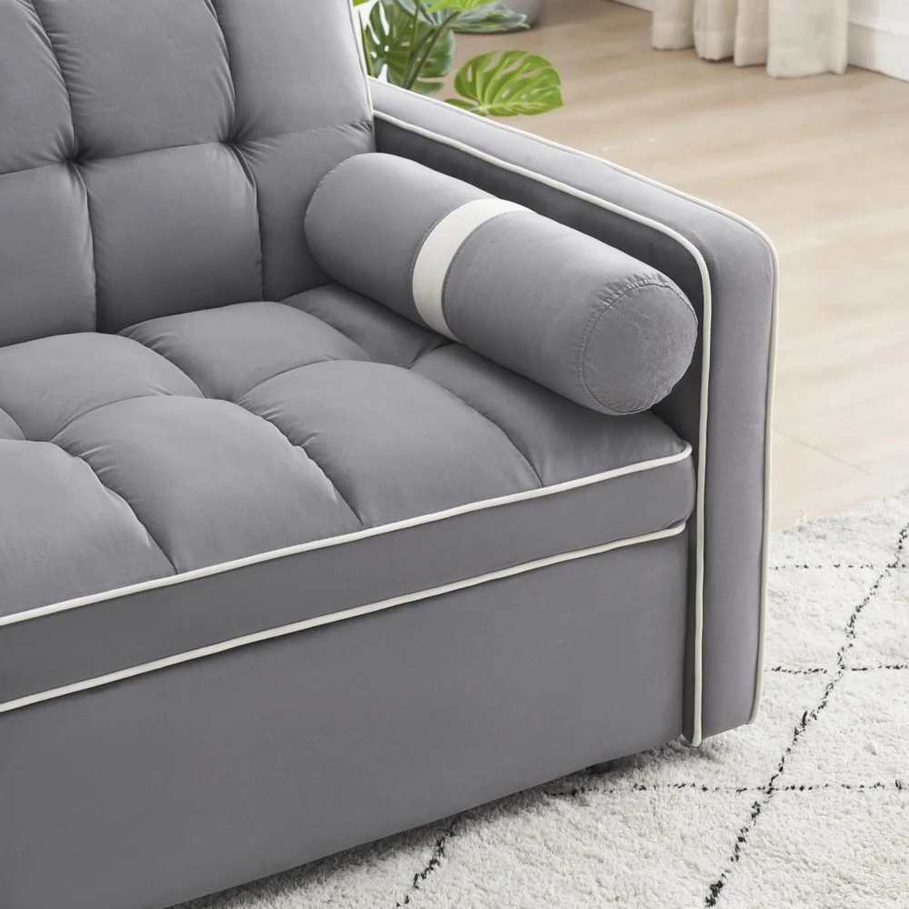 3 in 1 Sleeper Sofa Couch Bed,Small Tufted Velvet Convertible Loveseat Futon Sofa w/Pullout Bed,Adjustable Backrest,Cylinder Pillows,Multi-Pockets,Phone Holder for Living Room Apartment,Grey,55.5" - Image 5