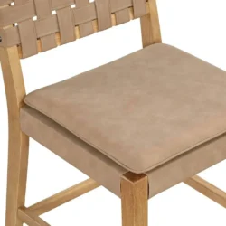 Cohen 24 in. Natural Brown Wood Mid-Century Faux Leather Counter Height Bar Stool with Woven Back for Kitchen Set of 4 - Image 3