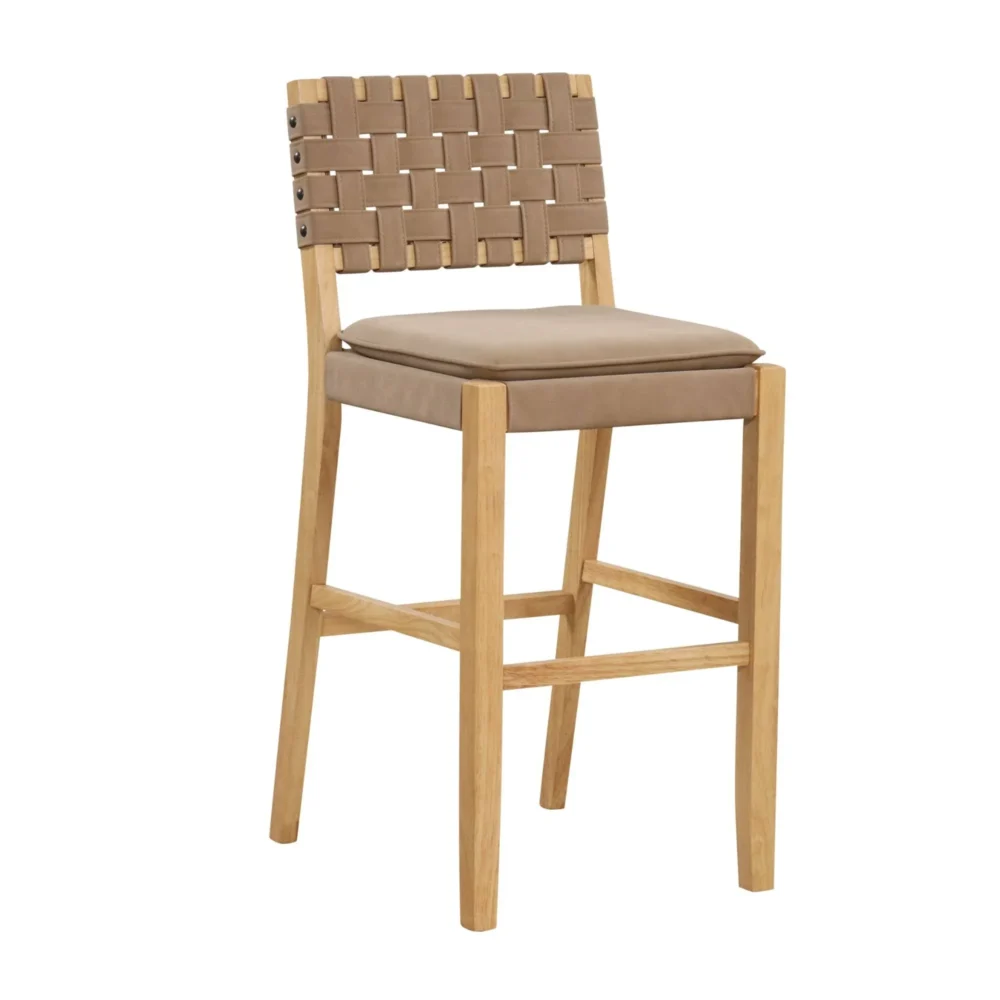 Cohen 29 in. Natural Brown Wood Mid-Century Faux Leather Counter Height Bar Stool with Woven Back for Kitchen Set of 4 - Image 3