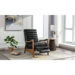 Ilaan 26" Genuine Leather Recliner with Parawood Base Easy Push Back (Set of 2) Red Barrel Studio Body Fabric: Black - Image 5