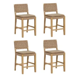 Cohen 24 in. Natural Brown Wood Mid-Century Faux Leather Counter Height Bar Stool with Woven Back for Kitchen Set of 4 - Image 4