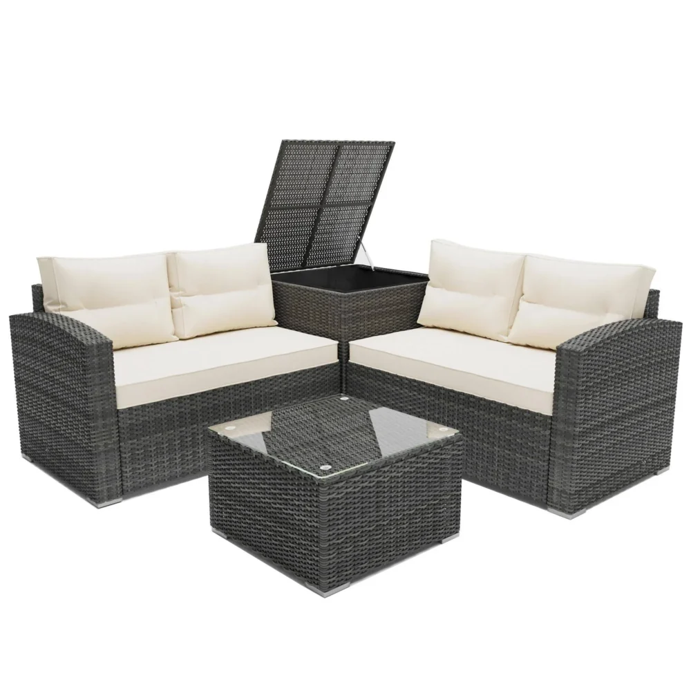 Segmart 4 Piece Patio Furniture Set, All-Weather Outdoor Sectional Sofa Set, PE Rattan Conversation Set with Storage Box, Table & Cushions, Wicker - Image 2