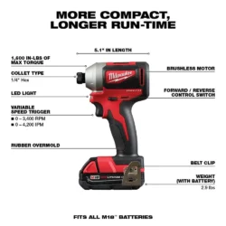 M18 18V Lithium-Ion Brushless Cordless Compact Drill/Impact Combo Kit (2-Tool) W/ (2) 2.0Ah Batteries, Charger & Bag 2892-22CT - Image 4