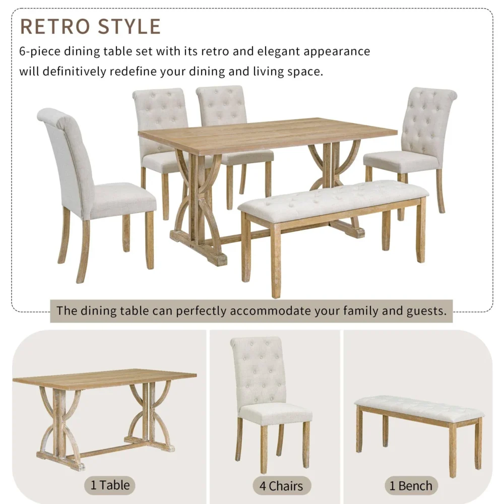 Merax 6 Pieces Wood Dining Table Set with Bench, Retro Rectangular Table with Unique Legs and 4 Upholstered Chairs & 1 Bench for Dining Room and Kitch - Image 2