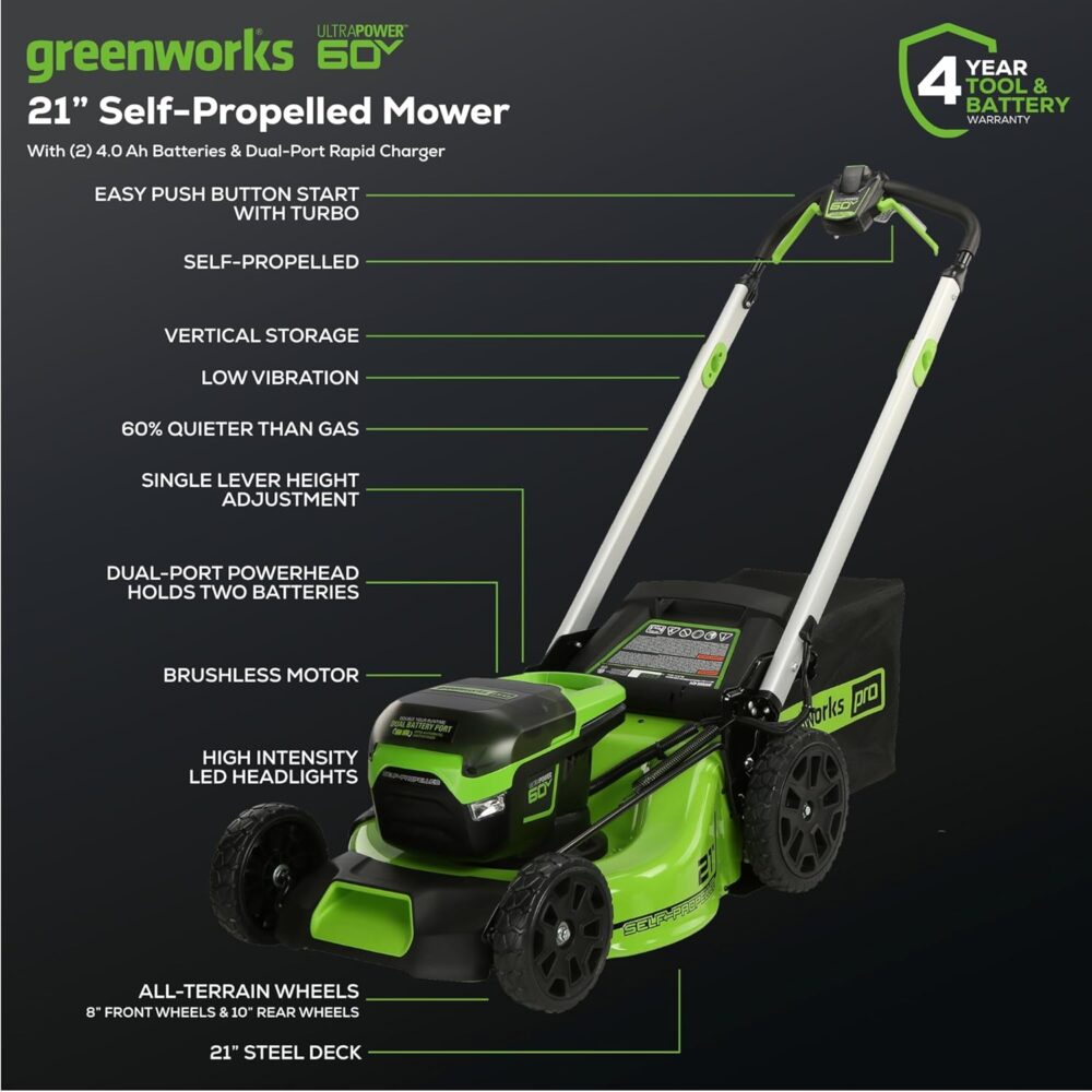 Greenworks 60V 21” Cordless (Self-Propelled) Lawn Mower , 2 x 4.0Ah Batteries and Dual Port Rapid Charger - Image 2