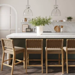 Cohen 24 in. Natural Brown Wood Mid-Century Faux Leather Counter Height Bar Stool with Woven Back for Kitchen Set of 4