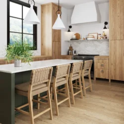 Cohen 24 in. Natural Brown Wood Mid-Century Faux Leather Counter Height Bar Stool with Woven Back for Kitchen Set of 4 - Image 2