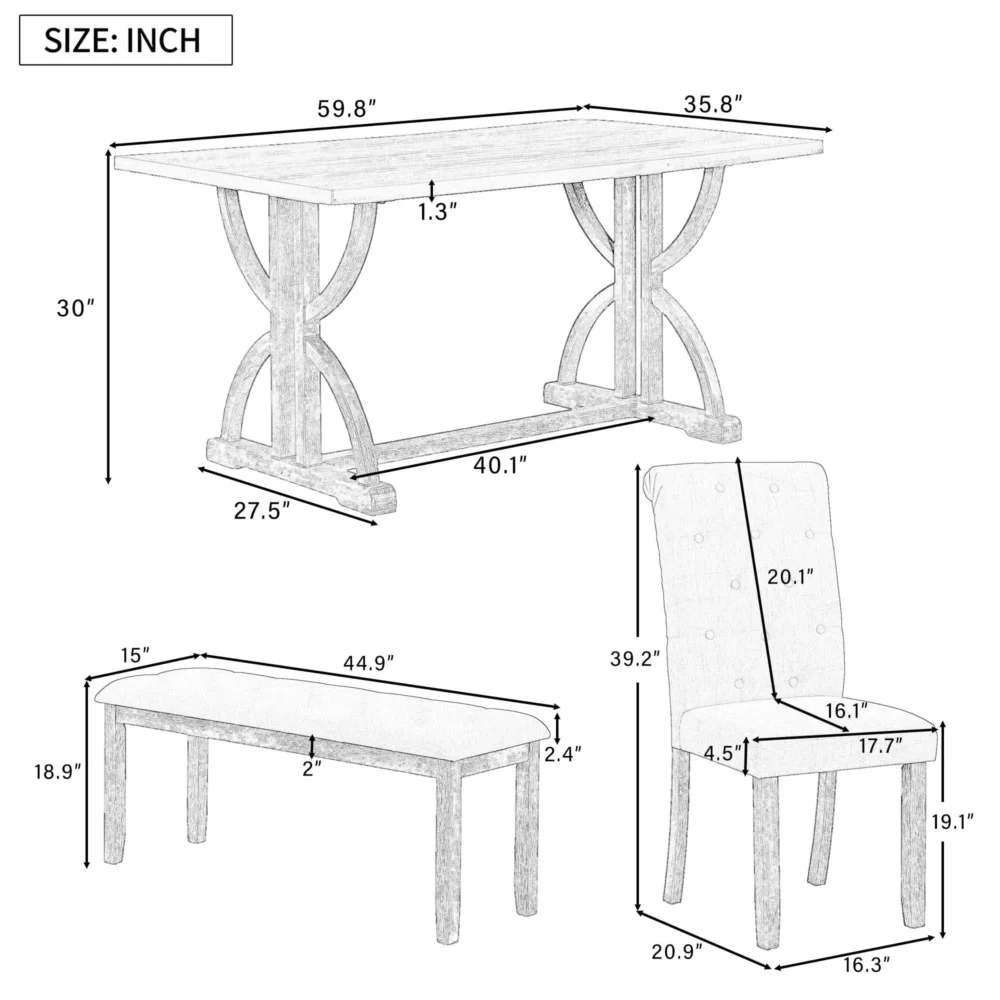 Merax 6 Pieces Wood Dining Table Set with Bench, Retro Rectangular Table with Unique Legs and 4 Upholstered Chairs & 1 Bench for Dining Room and Kitch - Image 3