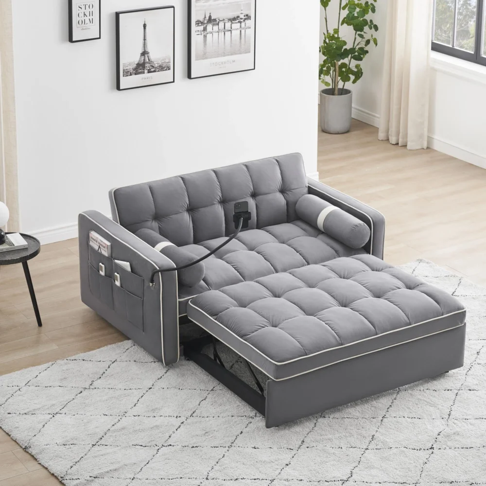 3 in 1 Sleeper Sofa Couch Bed,Small Tufted Velvet Convertible Loveseat Futon Sofa w/Pullout Bed,Adjustable Backrest,Cylinder Pillows,Multi-Pockets,Phone Holder for Living Room Apartment,Grey,55.5"