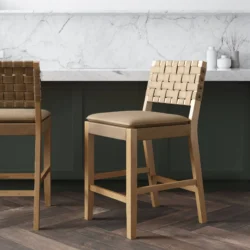 Cohen 24 in. Natural Brown Wood Mid-Century Faux Leather Counter Height Bar Stool with Woven Back for Kitchen Set of 4 - Image 10