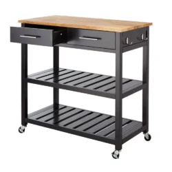 StyleWell Glenville Black Rolling Kitchen Cart with Butcher Block Top, Double-Drawer Storage, and Open Shelves (36" W) - Image 5