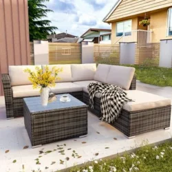 Segmart Patio Rattan Sectional Couch Set, 4 Piece Outdoor Wicker Furniture Set, Elegant Cushioned Sofa Set, Conversation Chair Set with Table & - Image 2