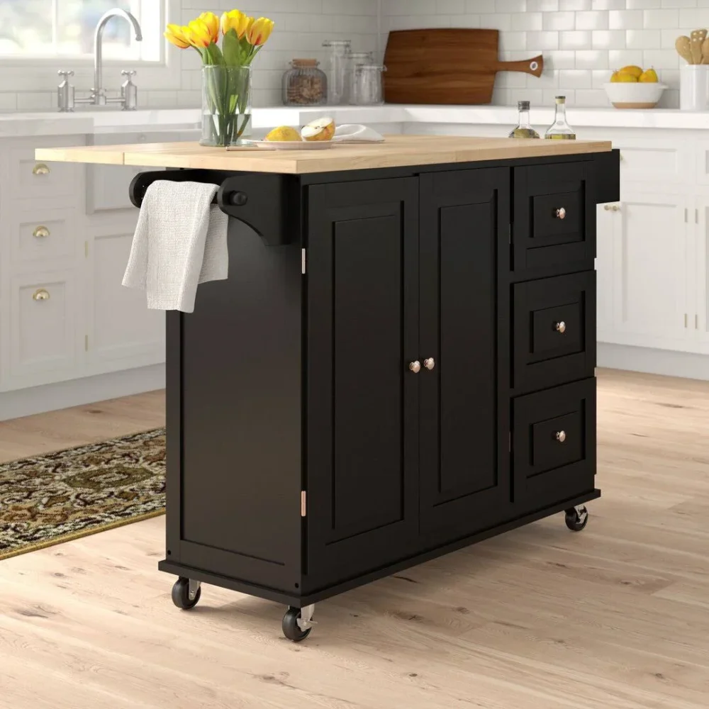 Three Posts Hardiman Kitchen Island with Wood Top Base, Black